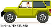 Happy young man driving light green car. Male character in transport isolated on white background. Bearded guy is driving vehicle and using his smartphone. Crossover, SUV, cross country car, jeep. Bearded guy is driving vehicle and using his smartphone. Crossover, SUV, cross country car, jeep. Стоковая иллюстрация, агентство Ingram Publishing / Фотобанк Лори