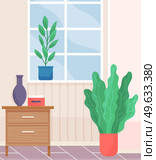 Cartoon background of living room with window, commode, potted plants and vase. Indoor furniture design, modern home interior elements. Arrangement of furniture and layout of premises in apartment. Cartoon background of living room with window, commode, potted plants and vase. Indoor furniture. Стоковая иллюстрация, агентство Ingram Publishing / Фотобанк Лори