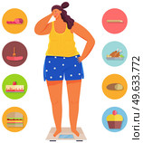 Shamed woman stands on scales and weights. Lady on diet wants to be slim. Person uses equipment, device to measure kilograms at home. Overweight girl on scales surrounded by unhealthy dishes. Overweight girl on scales surrounded by unhealthy dishes and drinks. Shamed woman is weighting. Стоковая иллюстрация, агентство Ingram Publishing / Фотобанк Лори