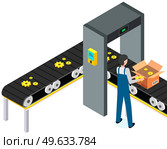 Isometric industrial production line packaging new goods. Conveyor with gears, spare parts passing through metal detector. Man puts parcels in cardboard boxes. Delivery of purchases from china. Man puts parcels in cardboard boxes. Conveyor with gears, spare parts passing through metal detector. Стоковая иллюстрация, агентство Ingram Publishing / Фотобанк Лори