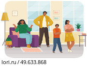 Mutual relations of parents and children, mom and dad scream and scold their naughty children, negative teenagers emotions. Family conflict. Angry parents and sad child, problems in education. Mutual relations of parents and children, mom and dad scream and scold their naughty children. Стоковая иллюстрация, агентство Ingram Publishing / Фотобанк Лори