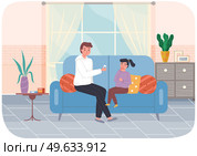 Dad treats little child with colds or virus infection. Girl takes pills. Sick people spend time at home. Girl having cold. Kid is being treated for flu with special pills, dad takes care of daughter. Dad treats little child with colds or virus infection. Girl takes pills. Sick people stay at home. Стоковая иллюстрация, агентство Ingram Publishing / Фотобанк Лори