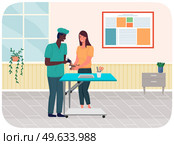 Veterinarian doctor talking to woman hamsters owner in medical office. Girl brought cavy for treatment or inspection to doctor. Visit to vet clinic to check health of domestic animal, pet care. Veterinarian doctor talking to woman hamsters owner in medical office, rodent being treated. Стоковая иллюстрация, агентство Ingram Publishing / Фотобанк Лори
