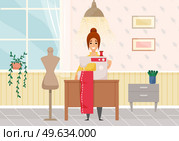 Beautiful young fashion designer dressmaker woman using sewing machine to sew red dress in her atelier. Happy girl seamstress with sewing machine at work, sewing clothes, creative hobby, profession. Beautiful young fashion designer dressmaker woman using sewing machine to sew red dress in atelier. Стоковая иллюстрация, агентство Ingram Publishing / Фотобанк Лори