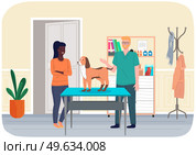 Veterinarian doctor treat ginger dog in hospital office. Man stroking puppy standing on medical table, makes him an examination. Visit to vet clinic to check health of animal. Veterinary care. Veterinarian doctor treat ginger dog in hospital office. Man stroking puppy, veterinary care. Стоковая иллюстрация, агентство Ingram Publishing / Фотобанк Лори