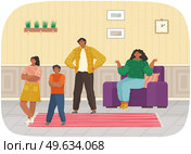 Mutual relations of parents and children, mom and dad scream and scold their naughty children, negative teenagers emotions. Family conflict. Angry parents and sad child, problems in education. Mutual relations of parents and children, mom and dad scream and scold their naughty children. Стоковая иллюстрация, агентство Ingram Publishing / Фотобанк Лори