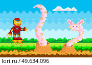 Pixel game interface layout design. Fantasy glade with alien plant with tentacles attack robot. Blooming meadow with flying iron man in jet boots. Pixelated monster with tentacles climbs out of ground. Alien plants with tentacles attack robot. Cosmic meadow with flying iron man in jet boots near enemy. Стоковая иллюстрация, агентство Ingram Publishing / Фотобанк Лори