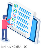 Online form survey on tablet screen. Man checks blank. Guy thinking about answers. Mail character looks at quiz exam paper document. Businessman is checking correctness of questionnaire form. Man is checking correctness of questionnaire. Online form survey on tablet screen. Guy checks blank. Стоковая иллюстрация, агентство Ingram Publishing / Фотобанк Лори