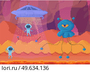 Pixel game interface layout design. Angry blue pixel monster with one eye. Unidentified flying object goes to astronauts. Pixelated aliens leaving dangerous planet on flying saucer vector illustration. Pixelated aliens leaving dangerous planet on flying saucer. Angry blue pixel monster with one eye. Стоковая иллюстрация, агентство Ingram Publishing / Фотобанк Лори