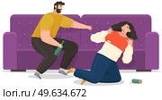 Drunk man scolding his wife while drinking booze. Arguing, reprimanding, having argument fight. Husband and wife breakup, parting and divorce. Family problems, couple conflicts. Marriage crisis. Drunk man scolding his wife while drinking booze. Arguing, reprimanding, having argument fight. Стоковая иллюстрация, агентство Ingram Publishing / Фотобанк Лори
