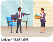 Angry male boss fires employee and points at door of office. Business concept unemployment, jobless and employee job reduction. Girl hears about dismissal from work. Woman with box of belongings. Girl hears about dismissal from work. Woman with box of belongings. Angry male boss fires employee. Стоковая иллюстрация, агентство Ingram Publishing / Фотобанк Лори