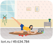 Young woman doing stretching warm up exercise at home with video lesson on her laptop. Vector cartoon illustration girl doing fitness, monitors his health. Development flexibility, healthy lifestyle. Young woman doing stretching warm up exercise at home or gym with video lesson on her laptop. Стоковая иллюстрация, агентство Ingram Publishing / Фотобанк Лори