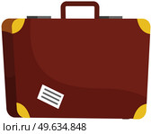Vintage suitcase with sticker. Luggage leather rectangular brown bag isolated vector. Voyage retro baggage with handle. Solid rectangular box with an attached lockable lid, used on road for storage. Vintage suitcase with sticker. Luggage leather rectangular brown bag isolated vector illustration. Стоковая иллюстрация, агентство Ingram Publishing / Фотобанк Лори