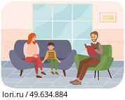Conversation between mother, patient child and male psychologist, psychotherapist makes notes in notebook. Family psychotherapy, psychotherapeutic aid for children, consultation with psychoanalyst. Conversation between mother, child and male psychologist, psychotherapist makes notes in notebook. Стоковая иллюстрация, агентство Ingram Publishing / Фотобанк Лори