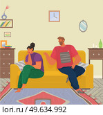 Young people quarreling at home. Man and woman couple in bad relationship. Arguing, reprimanding, having argument fight. Husband and wife breakup. Family conflicts. Marriage crisis. Guy yells at girl. Young people quarreling at home. Man and woman couple in bad relationship, family altercation. Стоковая иллюстрация, агентство Ingram Publishing / Фотобанк Лори