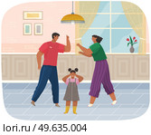 Problems and conflict in family, fight and arguing, quarreling over child in family. Angry parents swearing loudly. Unhappy girl teenager. Dispute man and woman. Toxic relationships between people. Problems and conflict in family, fight and arguing, quarreling over child in family. Angry parents. Стоковая иллюстрация, агентство Ingram Publishing / Фотобанк Лори