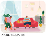 Young woman housewife cleaning floor with mop, smiling man sitting contented on couch serfing internet on phone, people activity, daily routine. Distribution of family responsibilities in couple. Young woman housewife cleaning floor with mop, smiling man sitting on couch serfing internet. Стоковая иллюстрация, агентство Ingram Publishing / Фотобанк Лори