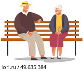 Old woman and man are resting, talking and sitting on bench isolated on white. Grandmother with cane smiling at man in hat. Rendezvous of retirees from nursing home. Elderly people spend time together. Old woman and man are resting, sitting and talking on bench together isolated on white background. Стоковая иллюстрация, агентство Ingram Publishing / Фотобанк Лори