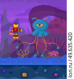 Pixel game interface layout design. Angry blue monster, unidentified flying object goes to astronauts. Alien attacks pixelated character in pixel scene with dark lilac background with fantastic plants. Pixel game interface layout. Alien attacks pixelated character in dark scene with fantastic plants. Стоковая иллюстрация, агентство Ingram Publishing / Фотобанк Лори