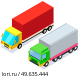 Delivery trucks isolated on white background. Wagons with trailers for transporting goods worldwide. Vehicle for transpportation and shipping. Delivery of parcels by transport. Postal cargo trucks. Vehicle for transpportation and shipping. Delivery of parcels by transport. Postal cargo trucks. Стоковая иллюстрация, агентство Ingram Publishing / Фотобанк Лори