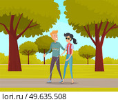 Smiling male volunteer helping and supporting blind woman, people walking along path in city park summertime, healthcare assistance and accessibility. Girl walking with guy and holding stick. Smiling male volunteer helping and supporting blind woman, people walking along path in city park. Стоковая иллюстрация, агентство Ingram Publishing / Фотобанк Лори
