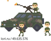 Soldiers in uniform near combat camouflage transport for pixel game design. Men armed with machine gun on roof of car prepare for attack vector illustration. People with military technics object. Soldiers in uniform near combat camouflage transport for pixel game design vector illustration. Стоковая иллюстрация, агентство Ingram Publishing / Фотобанк Лори