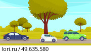 Cars drive on an asphalt road in countryside against green forest with large trees. Country road and street vehicle summertime flat vector. Car tourism, family auto trip, journey, automobile transport. Cars drive on an asphalt road in countryside against green forest with large trees. Auto transport. Стоковая иллюстрация, агентство Ingram Publishing / Фотобанк Лори