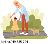 Mother teaches her child to walk. Baby takes first steps. Parent spends time with child in nature. Mom holds baby by hands while walking vector illustration. Mother teaches her child to walk. Baby takes first steps. Family is walking in summer park. Стоковая иллюстрация, агентство Ingram Publishing / Фотобанк Лори