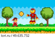 Robot in jet boots attacks cartoon character. Pixelated bot flying near ninja in suit. Pixel game design element. Pixel art game scene. Man looking at boss evil hero. Battle between guy and flying bot. Battle between guy and flying bot. Robot in jet boots attacks cartoon character, ninja in suit. Стоковая иллюстрация, агентство Ingram Publishing / Фотобанк Лори
