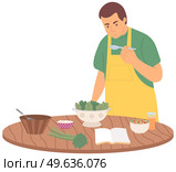 Man is studying culinary by himself in kitchen. Male character preparing vegetarian salad using recipe from cookbook. Proper nutrition and healthy lifestyle concept. Process of cooking vegetarian dish. Man preparing vegetarian salad using recipe from cookbook. Process of cooking vegetable dish. Стоковая иллюстрация, агентство Ingram Publishing / Фотобанк Лори