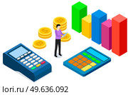 Pos terminal with pin code from card. Contactless payment concept. Pay for purchases. Statistics, growth of profits from sales of goods online. Worldwide sales. Man counts funds with calculator. Statistics, growth of profits from sales of goods online. Man counts funds with calculator. Стоковая иллюстрация, агентство Ingram Publishing / Фотобанк Лори
