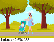 Young mother walking with smiling baby sitting in stroller in city park. Mom spend time with her child ourdoors. Female character pushing baby carriage in walkway against background of green trees. Young mother walking with smiling baby sitting in stroller in city park. Mom spend time with child. Стоковая иллюстрация, агентство Ingram Publishing / Фотобанк Лори