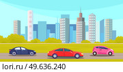 Cars drive on an asphalt road against background of tall buildings of city landscape. Urban road and street vehicle summertime flat vector illustration. Automobile transport in metropolis, traffic. Cars drive on an asphalt road against background of tall buildings of city landscape. Auto transport. Стоковая иллюстрация, агентство Ingram Publishing / Фотобанк Лори