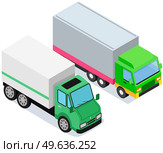 Delivery trucks isolated on white background. Wagons with trailers for transporting goods worldwide. Vehicle for transpportation and shipping. Delivery of parcels by transport. Postal cargo trucks. Vehicle for transpportation and shipping. Delivery of parcels by transport. Postal cargo trucks. Стоковая иллюстрация, агентство Ingram Publishing / Фотобанк Лори