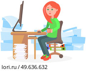 Busy businesswoman stressed due to excessive paperwork. Female employee performs work with documents to deal with deadlines. Woman sitting at workplace and looking at large amount of paper sheets. Businesswoman stressed due to excessive paperwork. Woman is working to deal with deadlines. Стоковая иллюстрация, агентство Ingram Publishing / Фотобанк Лори