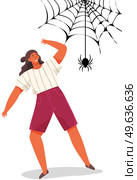 Woman with scared expression and her hand in defenses position. Scared lady near huge web. Female character with face in horror looking at black spider on web. Person defends against threat. Female character with face in horror is looking at black spider. Scared lady near huge web. Стоковая иллюстрация, агентство Ingram Publishing / Фотобанк Лори