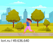 Young woman in sports wear running or jogging in city park summer day. Workout excercise. Runner fat girl doing sprint outdoor on road, leads an active healthy lifestyle cares about her health. Young woman in sports wear running or jogging in city park summer day, leads an active lifestyle. Стоковая иллюстрация, агентство Ingram Publishing / Фотобанк Лори