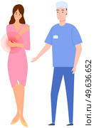 Woman with elbow pain is examined at hospital. Doctor communicate with patient to make diagnosis. Person complains to traumatologist about painful sensations in arm joint. Girl feeling pain in elbow. Female patient complaining to traumatologist about painful sensations in arm joint, pain in elbow. Стоковая иллюстрация, агентство Ingram Publishing / Фотобанк Лори