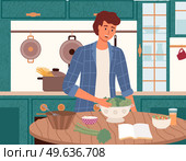Male character preparing vegetarian salad using recipe from cookbook. Proper nutrition and healthy lifestyle concept. Process of cooking vegetarian dish. Man mixes fresh vegetables for salad. Man mixes fresh vegetables for salad. Guy preparing vegetarian dish using recipe from cookbook. Стоковая иллюстрация, агентство Ingram Publishing / Фотобанк Лори