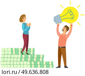 Ivestment idea concept. Man shows light bulb to girl as symbol of new idea. Businesswoman standing on stairs made of dollar bills. Metaphor for growth and making money. Enjoyment of success and wealth. Man shows light bulb to girl as symbol of new idea. Businesswoman standing on stairs made of bills. Стоковая иллюстрация, агентство Ingram Publishing / Фотобанк Лори