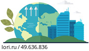 Changes in water level and climate on planet. Cityscape with skyscrapers on background of globe. Visualization weather and human activity affects water level. Modern downtown, business center. Changes in water level and climate on planet. Cityscape with skyscrapers on background of globe. Стоковая иллюстрация, агентство Ingram Publishing / Фотобанк Лори