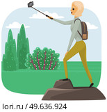 Happy climber reached summit of mountain. Traveling and technology concept. Lady with smartphone is posing for photo on peak. Woman taking selfie on mountain. Girl is photographed while traveling. Lady with smartphone is posing for photo on peak. Woman taking selfie on summit of mountain. Стоковая иллюстрация, агентство Ingram Publishing / Фотобанк Лори