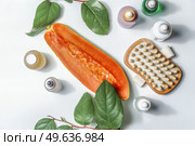 Body care cosmetic setting with papaya halve, massage brush, green leaves, cosmetic bottles with pipette at white background. Healthy skin care with natural products. Top view. Стоковое фото, агентство Ingram Publishing / Фотобанк Лори
