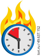 Burning clock isolated on white background. Few minutes left until end of term. Clock shows remaining time to deal with deadlines. Watch with arrows burning on fire. Lack of time and deadline at work. Burning clock shows remaining time. Lack of time and deadline at work. Watch with arrows on fire. Стоковая иллюстрация, агентство Ingram Publishing / Фотобанк Лори