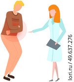 Man with abdominal pain in consultation with doctor. Gastroenterologist consults patient with stomachache. Girl analyzes patient to make diagnosis. Guy with symptoms of gastrointestinal tract disease. Guy with symptoms of disease in consultation with doctor. Man suffers from abdominal pain. Стоковая иллюстрация, агентство Ingram Publishing / Фотобанк Лори