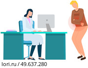 Man with abdominal pain in consultation with doctor. Gastroenterologist consults patient with stomachache. Girl analyzes patient to make diagnosis. Guy with symptoms of gastrointestinal tract disease. Guy with symptoms of disease in consultation with doctor. Man suffers from abdominal pain. Стоковая иллюстрация, агентство Ingram Publishing / Фотобанк Лори