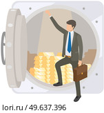 Billionaire businessman neat full bank vault. Person standing next to pile of gold bars. Successful businessman with suitcase. Business success concept. Rich male character saving money in bank. Businessman is standing next to pile of gold bars. Rich male character saving money in bank. Стоковая иллюстрация, агентство Ingram Publishing / Фотобанк Лори
