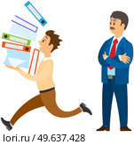 Male character is running with data folders to finish task before deadline. Boss urges employee to complete paperwork at designated time. Working in office and implementation of assign tasks. Male character is running with data folders to finish task before deadline. Boss urges employee. Стоковая иллюстрация, агентство Ingram Publishing / Фотобанк Лори