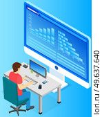 Man estimates statistical indicators on presentation with charts and graphs, marketing concept. Businessman seller watching sales statistics in laptop. The buyer analyzes price of goods on graph. Man estimates statistical indicators on presentation with charts and graphs, marketing concept. Стоковая иллюстрация, агентство Ingram Publishing / Фотобанк Лори