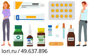 Sad people suffering from pain stand next to medicines, tablets, ointments for treatment of diseases. Painful sensations of sick characters. Men and women grabs their hands to sore body parts. Sad people suffering from pain stand next to medicines, tablets, ointments for treatment of diseases. Стоковая иллюстрация, агентство Ingram Publishing / Фотобанк Лори